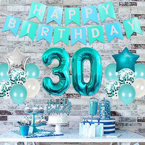 Bannière joyeux anniversaire turquoise pour 30 ans éclatants