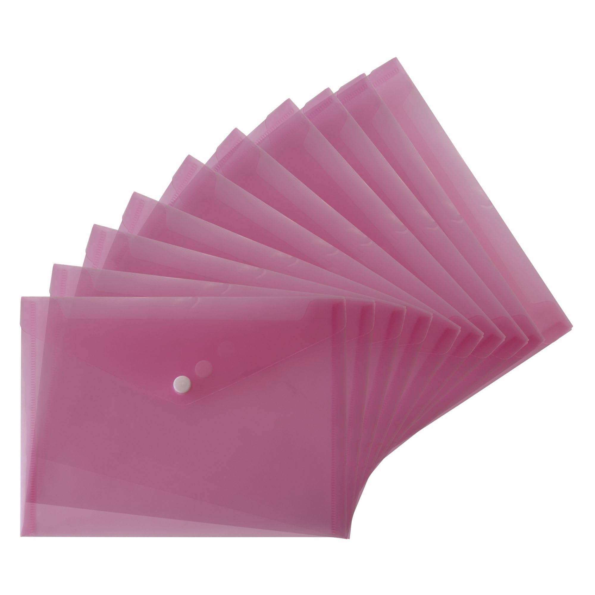 FotoStation A5 Plastic Wallets with Stud Button, Pack of 20 - Translucent Colour Plastic Document Folders to Store Documents A5 Popper Wallets (Pink)