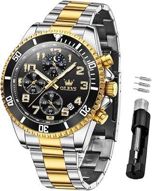 OLEVS Watch Men Luxury Chronograph Stainless Steel Wrist Dress Waterproof Watch Quartz Analog Large Face Luminous