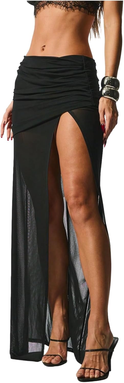Milumia Women's Sexy Sheer Mesh Maxi Skirt Ruched Low Waisted High Slit See Through Skirts