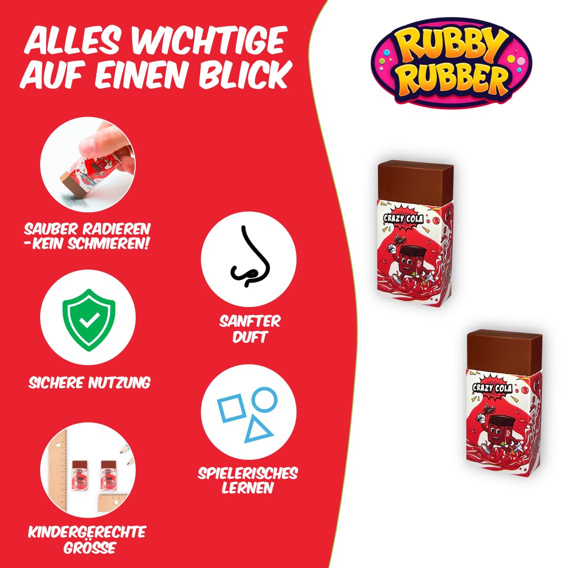 Lot De 3 Gommes Parfumées Rubby Rubber Crazy Cola – Gommes Enfants Qui Sentent La Cola, Fun Et Efficaces
