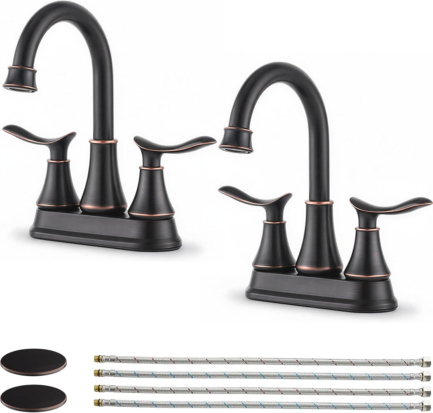 KINGO Bathroom Faucets for Sink 3 Hole, 2 Handle 4 inch Oil Rubbed Bronze Bathroom Sink Faucet with Pop-up Drain and Supply Hoses, Stainless Steel Lead-Free Centerset Faucets for Vanity RV, 2 Pack