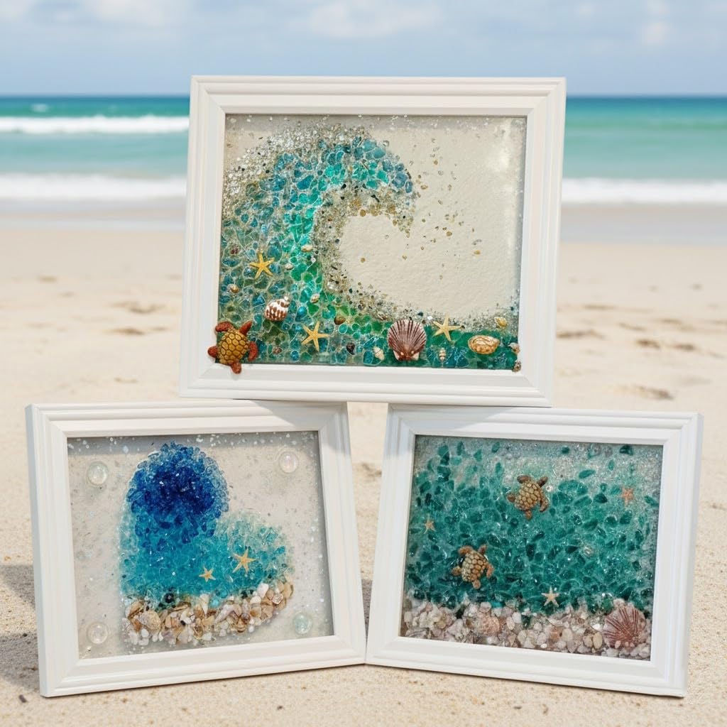 Sea Glass Art Kit, Mosaic Glass Photo Frame Set 9.5x7.5 Inch, Handcraft Style DIY Mosaic Craft Kits, DIY Resin Beach Art Kit for Home Decoration, Office, Bookshelf/Windowsill (Paw Print Heart)