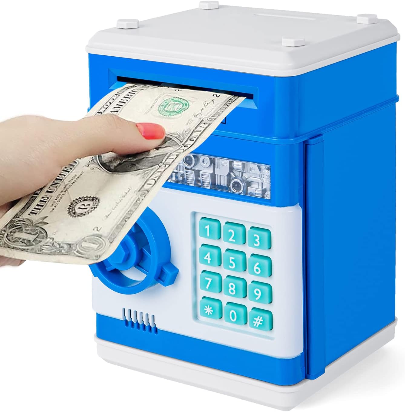 Subao Kids Piggy Bank Toys, Large Electronic ATM Bank for Boys Girls, Crash Coin & Real Money Auto Saving Bank Box with Code Password Lock, Great Gifts Toy Bank for Age 3-10 (Blue)