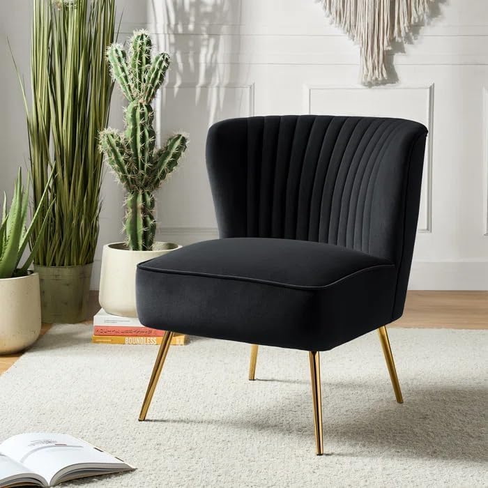Image of Modern Upholstered Accent Velvet Chair Single Seater Channel Tufted Wing Back Chair with Golden Matel Legs for Living Room, Bedroom, Dining Room, Black