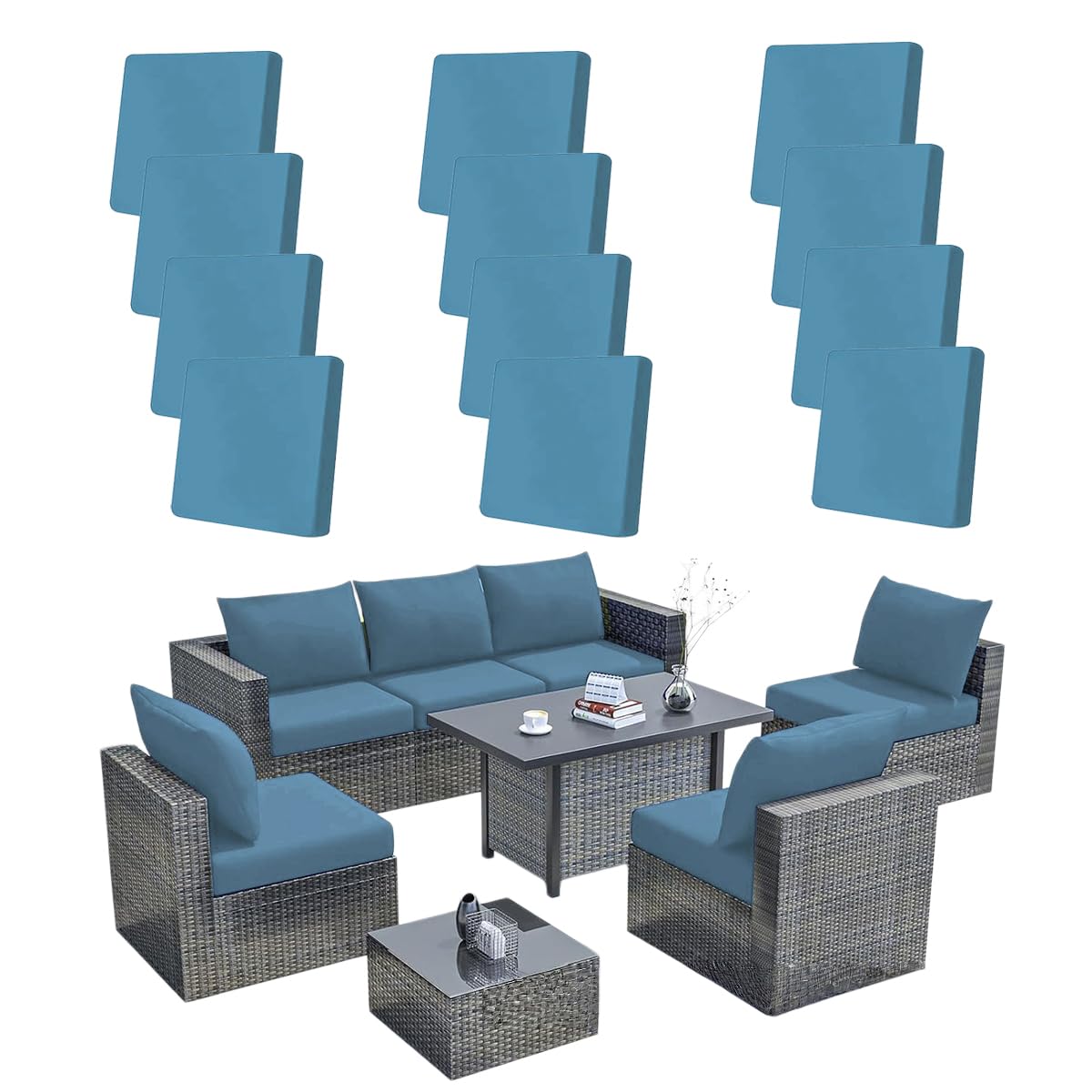 Hiseng 8/12/14 PCS Outdoor Cushion Covers Stretch Patio Cushion Covers Replacement Slipcovers Washable for Outdoor Sofa Cushions, Garden Furniture Set, Rattan Corner Sofa (Gray Blue,12PCS)
