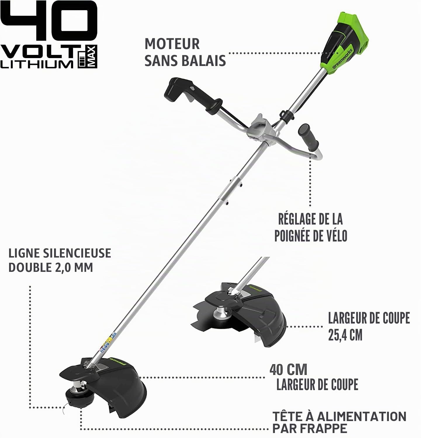 Greenworks Coupe-Bordures & Débroussailleuse 40V 40cm avec Batterie 4Ah et Rapide Chargeur 5A