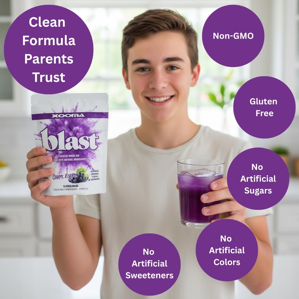 Xooma Blast Sugar Free Drink Mix Sticks – Whole Food Phytonutrient Powder with Immune Supporting Vitamins and Functional Mushroom Blend – Low Calorie Water Mix – 15 Stick Packs (Grape Xcape)