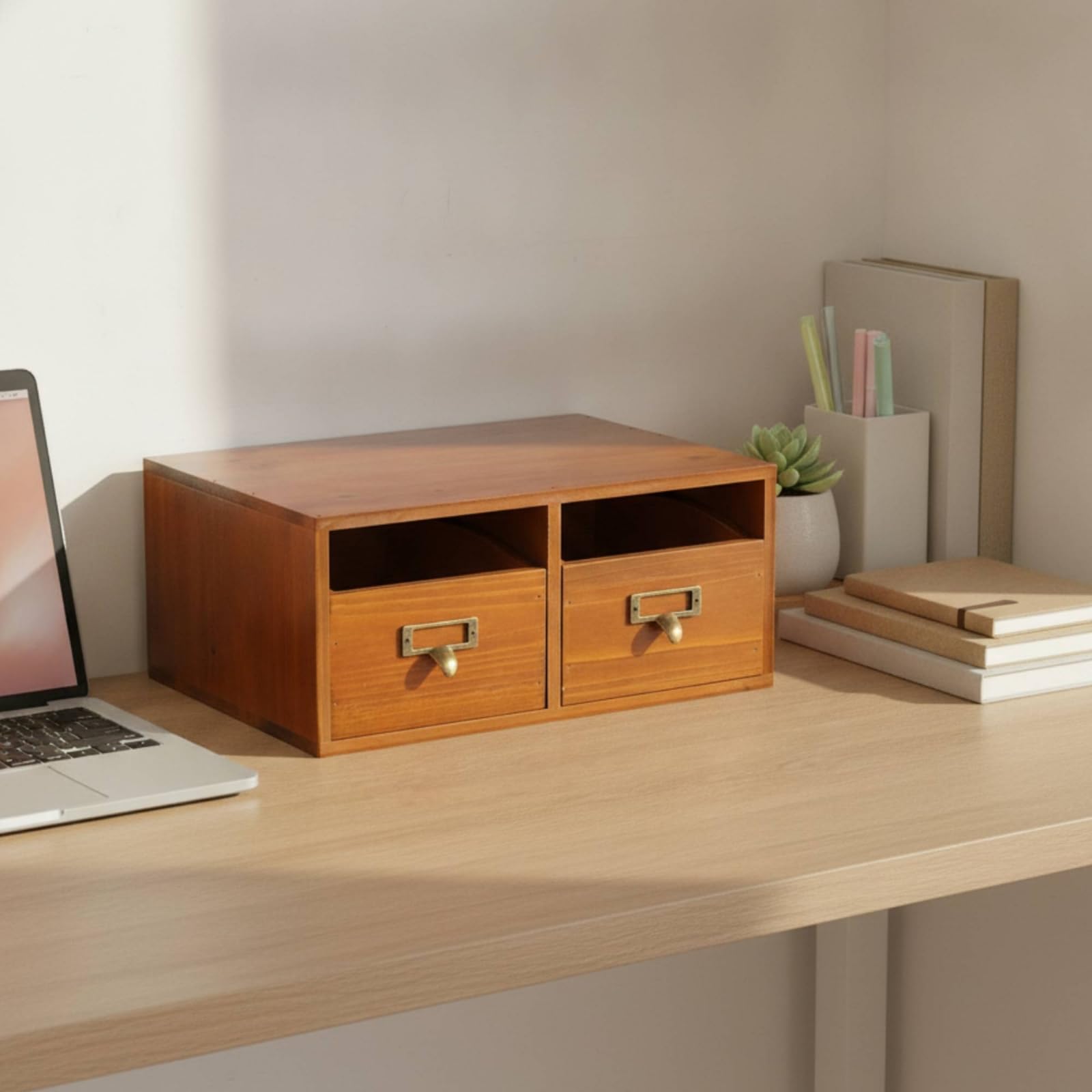 Organizzatore da Scrivania in Legno Elegante Organizzatore in Legno con Cassetti Compatto Cassettiera da Tavolo per, Organizzatore Da Scrivania Con Due Cassetti E Scomparto Aperto