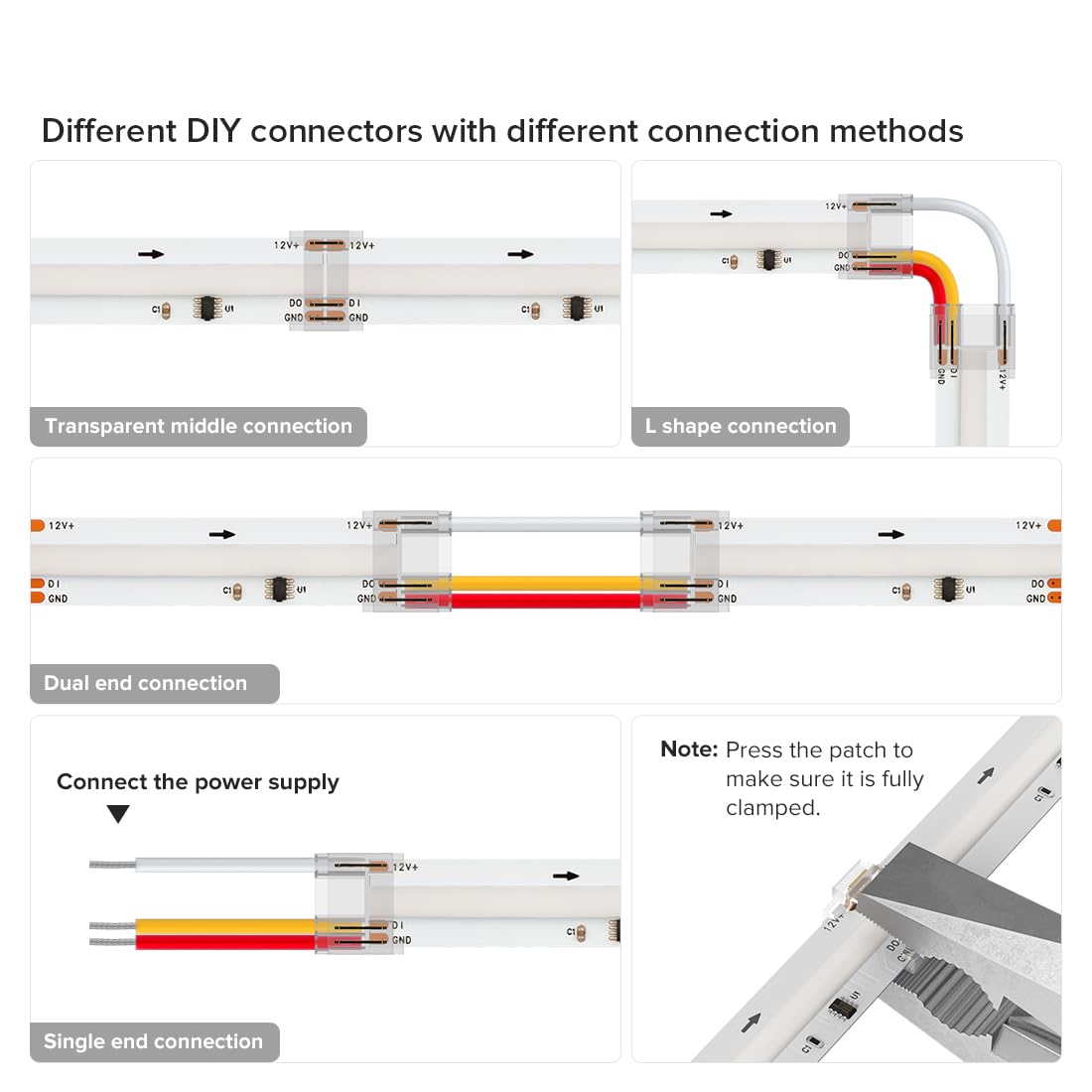 SEZO Juego de Conectores LED FCOB RGB IC de 3 pines 12mm 24 Unidades Transparente sin Soldadura Placa a Bordo Conector de Cable + 8 Cables de Extensión de 15cm de Largo 22 AWG