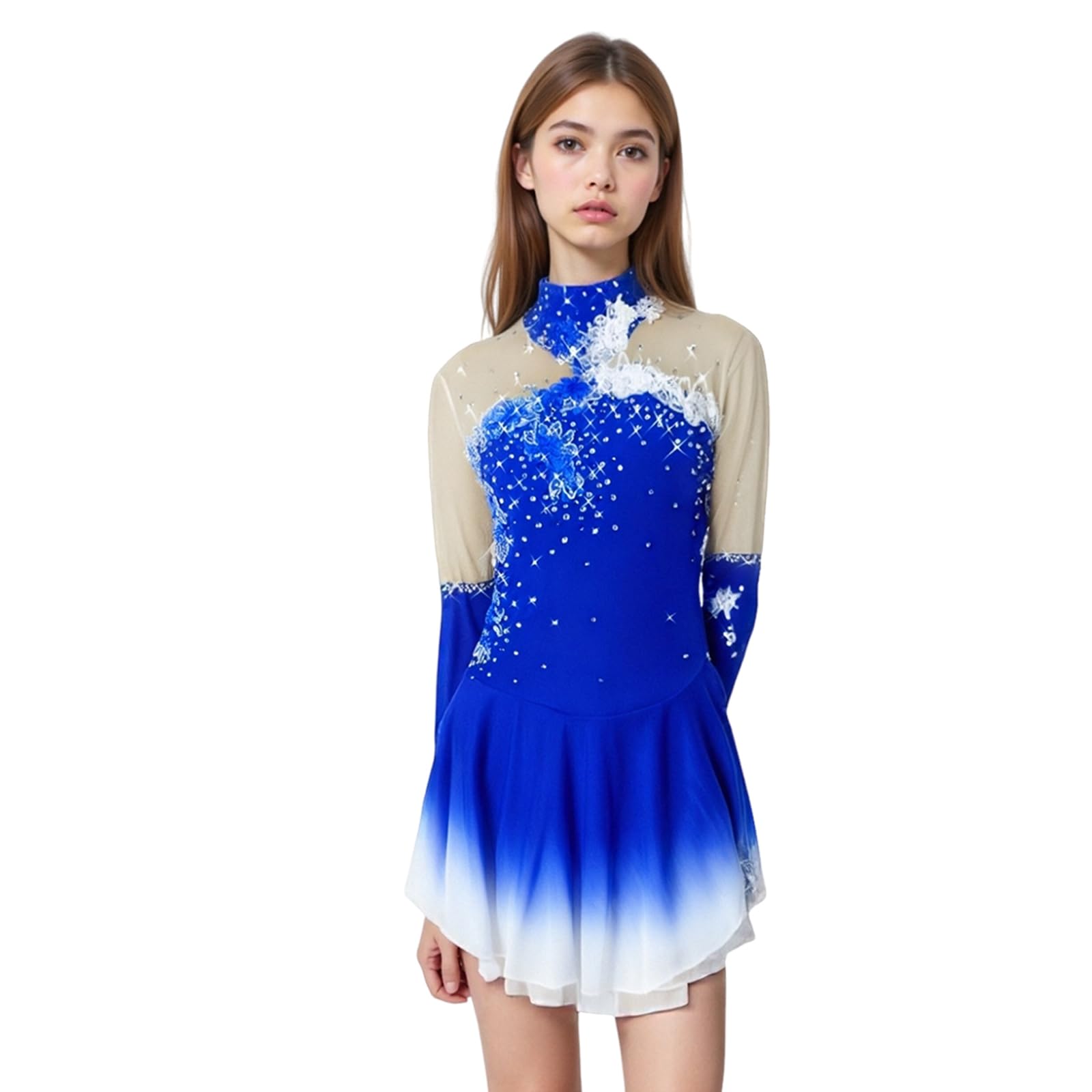 LIUHUO Robe Bleue de Patinage Artistique,Jupe de Patinage à Manches Longues sur Glace,Robes de compétition Spandex Manches Doigts Jupe en Maille
