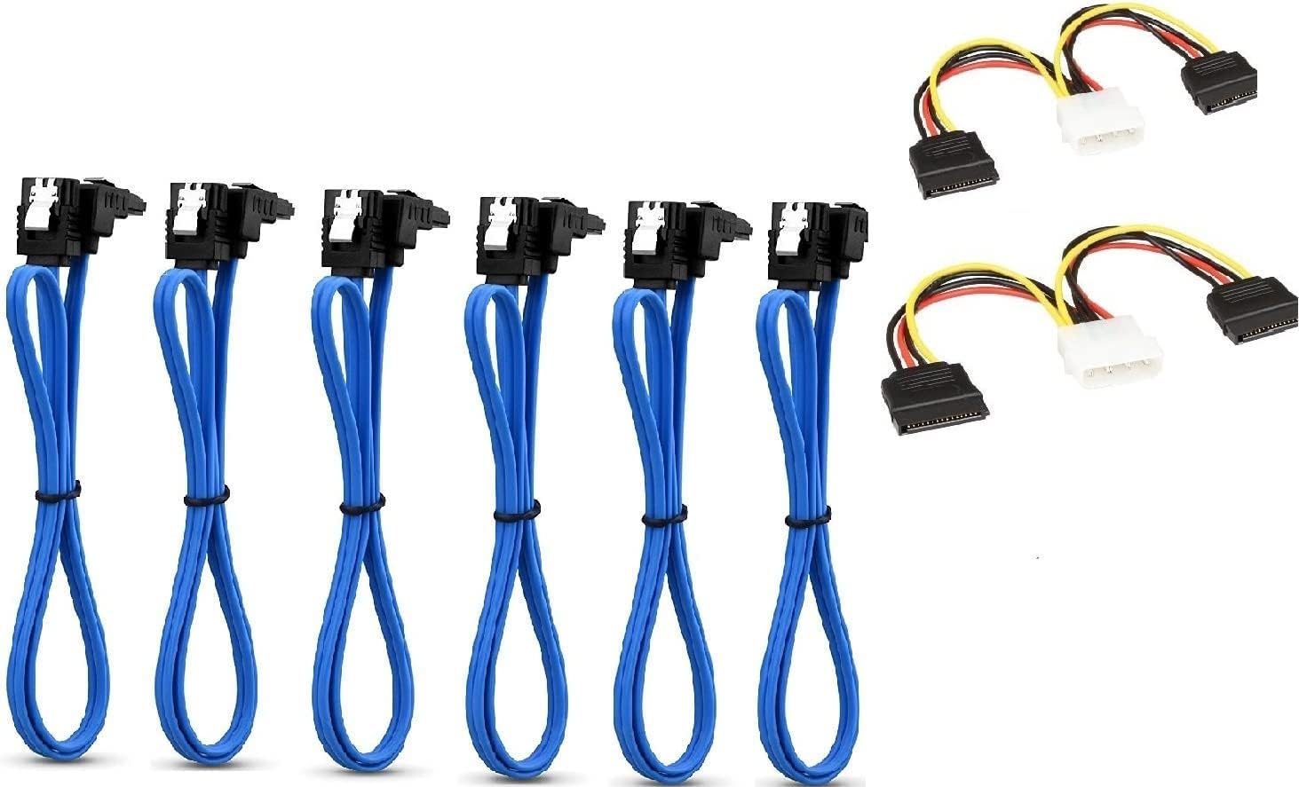 Sata Cable Sata Cable TXLOVE 18 Inch SATA III 6.0 Gbps Data Cable with Locking Latch + 2 Pack 6-Inch/15CM 4pin to 15pin SATA Power Splitter Cable (Blu 6Pack Sata Cable+2Pcs SATA Power Splitter Cable)