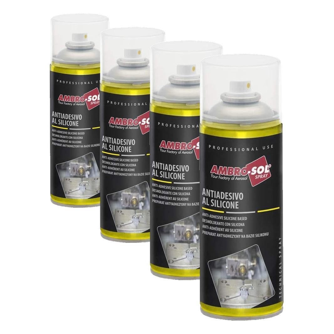 Ambro-Sol - I250 Antiadesivo al Silicone, Lubrificante, Lucidante, Protettivo e Perfetto come Distaccante, Bomboletta Spray in Banda Stagnata 100% Riciclabile all'Infinito da 400 ml (Confezione da 4)