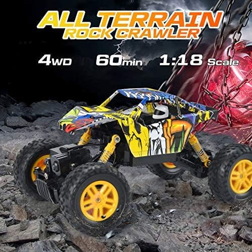 DOUBLE E Remote Control Car, 4WD Unique Colorful Shell 60+mins Runtime Off Road RC Monster Trucks, 1:18 Scale All-Terrain Electric Toy with Two Batteries for Kids, Yellow