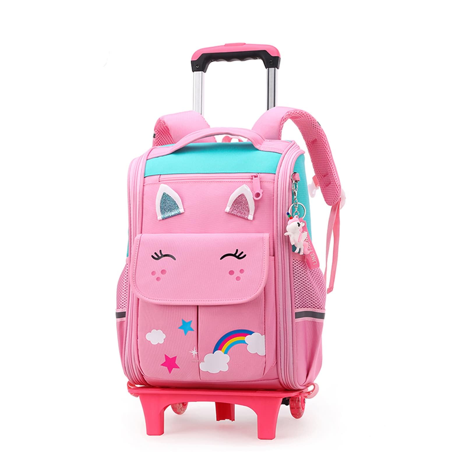IvyH Mochila Escolar Trolley Con Ruedas Niña y Niños con Ruedas Mochilas con Ruedas Pequeña Guardería Mochila Bolsas Escolares de Dibujos Animados Impermeable Chica Mochilas 6-12 Años, Rosa
