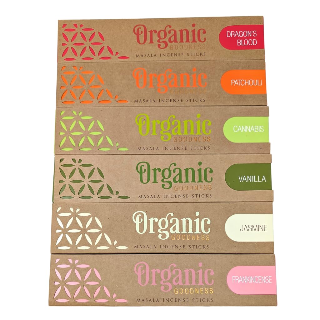 Organic Goodness Incense Sticks Gift Set 6 Fragrances with JROSE Wooden Burner Jasmine Dragons Blood Patchouli Frankincense Vanilla Cannabis Natural Masala Hand-Rolled Aromatherapy OG3