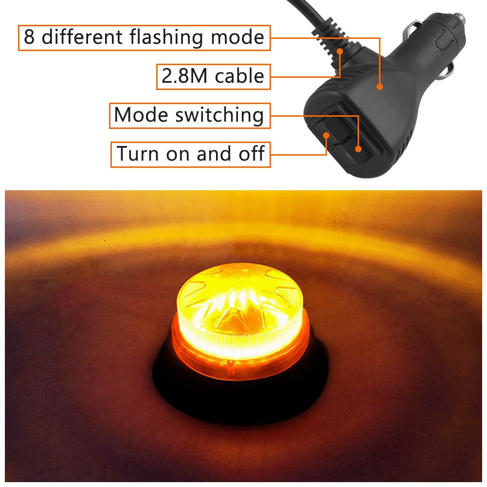 Faro a LED magnetico arancione 12 V/24 V con 8 modalità di flash 2,8 Meters-Cable lampada di avvertimento per Roulotte, carrello elevatore, trattore, veicolo auto