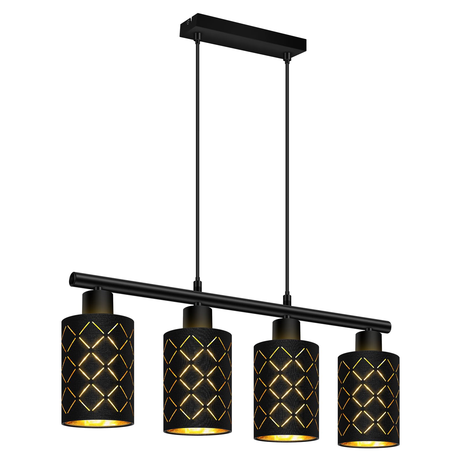 Pendelleuchte Esstisch 4 Flammig Schwarz, Hängelampe Esszimmer Höhenverstellbar, Vintage Esszimmerlampe E27 mit Laser-Cut Stoffschirmen, Modern Industrie Esstisch Hängeleuchte für Küche Wohnzimmer Bar