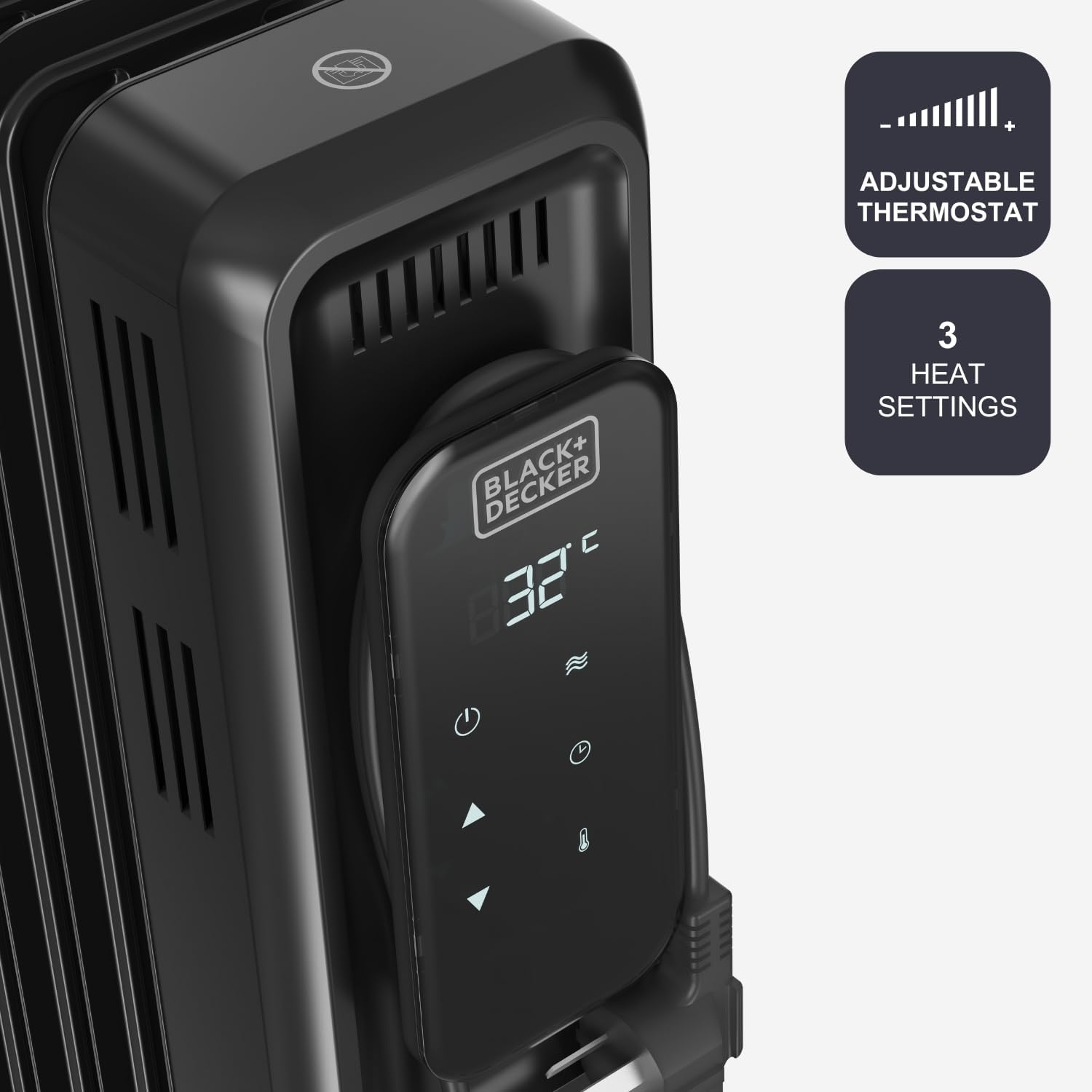 Close-up of the control panel showing adjustable thermostat and 3 heat settings