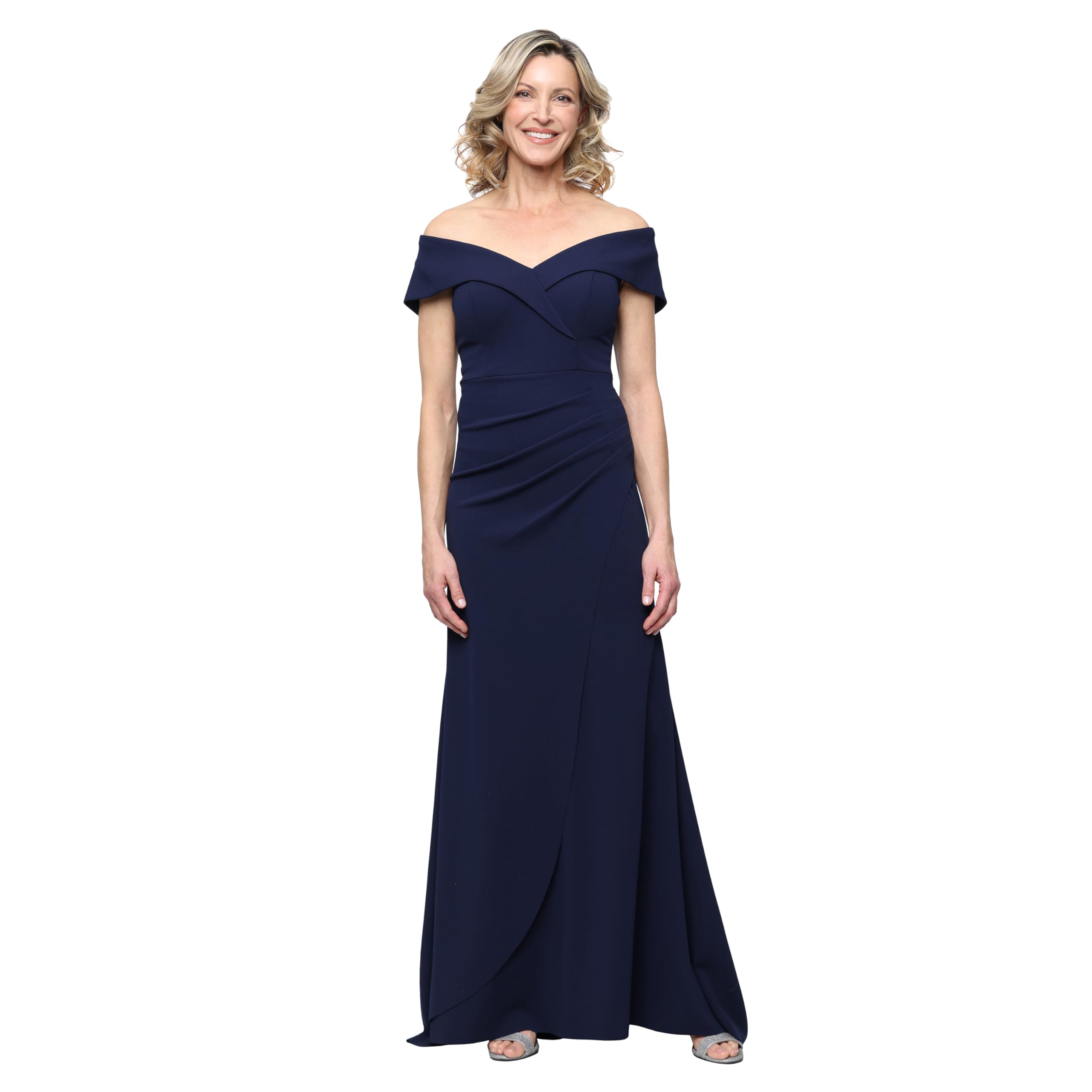 Alex Evenings Women's Off the Shoulder Stretch Crepe Dress with Fishtail Back, Floor Length Mother of the Bride Dress