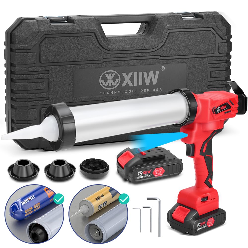 Prensa de cartuchos eléctrica de 500 W con 2 baterías (21 V 2 Ah), jeringa de silicona, pistola de calafateo 7840N con LED, 0-32 mm/s, 6 niveles ajustables, para salchichas de 600 ml, cartucho de 310