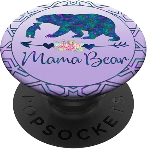 PopSockets intercambiables PopGrip con diseño de oso de mamá y un cachorro, color plateado y morado
