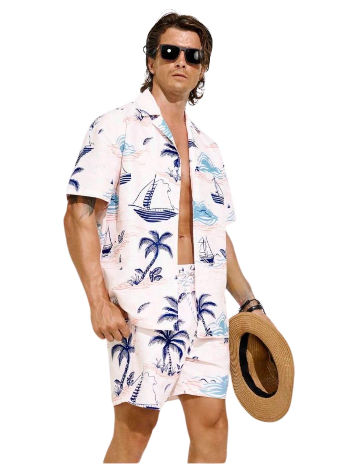 Men's Rayon Co-Ord, Night Suit, Shirt & Shorts Pyjama, Stylish Cord (GL-MS-6281&SH315 -L-White)