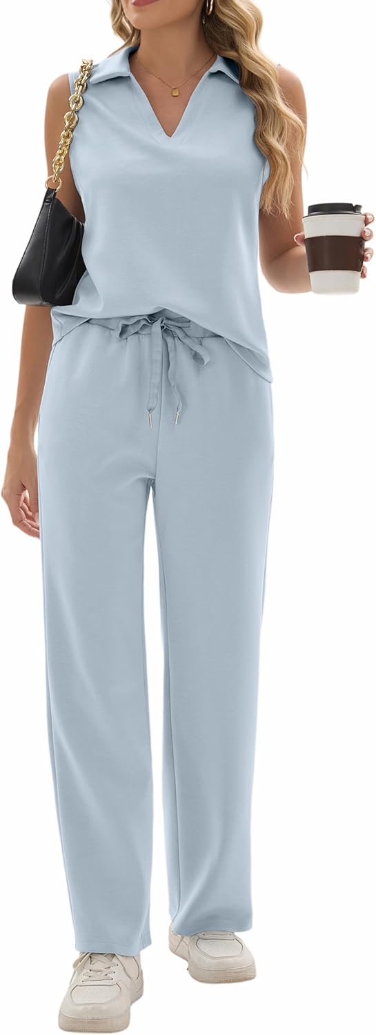 Sixstar Women 2 Piece Outfits Long Pants Sets Casual Sleeveless Summer V-Neck Dressy Tracksuit