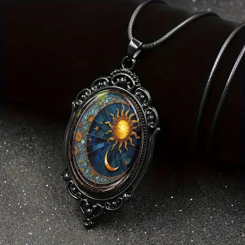 Gothic Glass Pendant Necklace for Women Sun and Moon Punk Style Charm Necklace Vintage Lunar Cameo Rope Chain Witch Accessories Fashion Jewelry Valentine