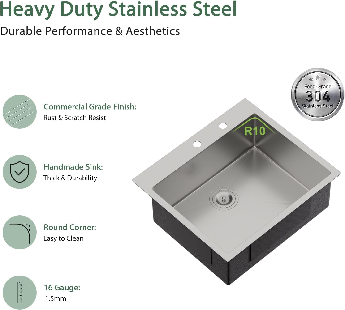 25 x 22 Inch Drop In Kitchen Sink Stainless Steel Single Bowl 25 Inch Drop In RV Laundry Utility Sink Large Deep Handmade Topmount Sinks 25"x22"x9"