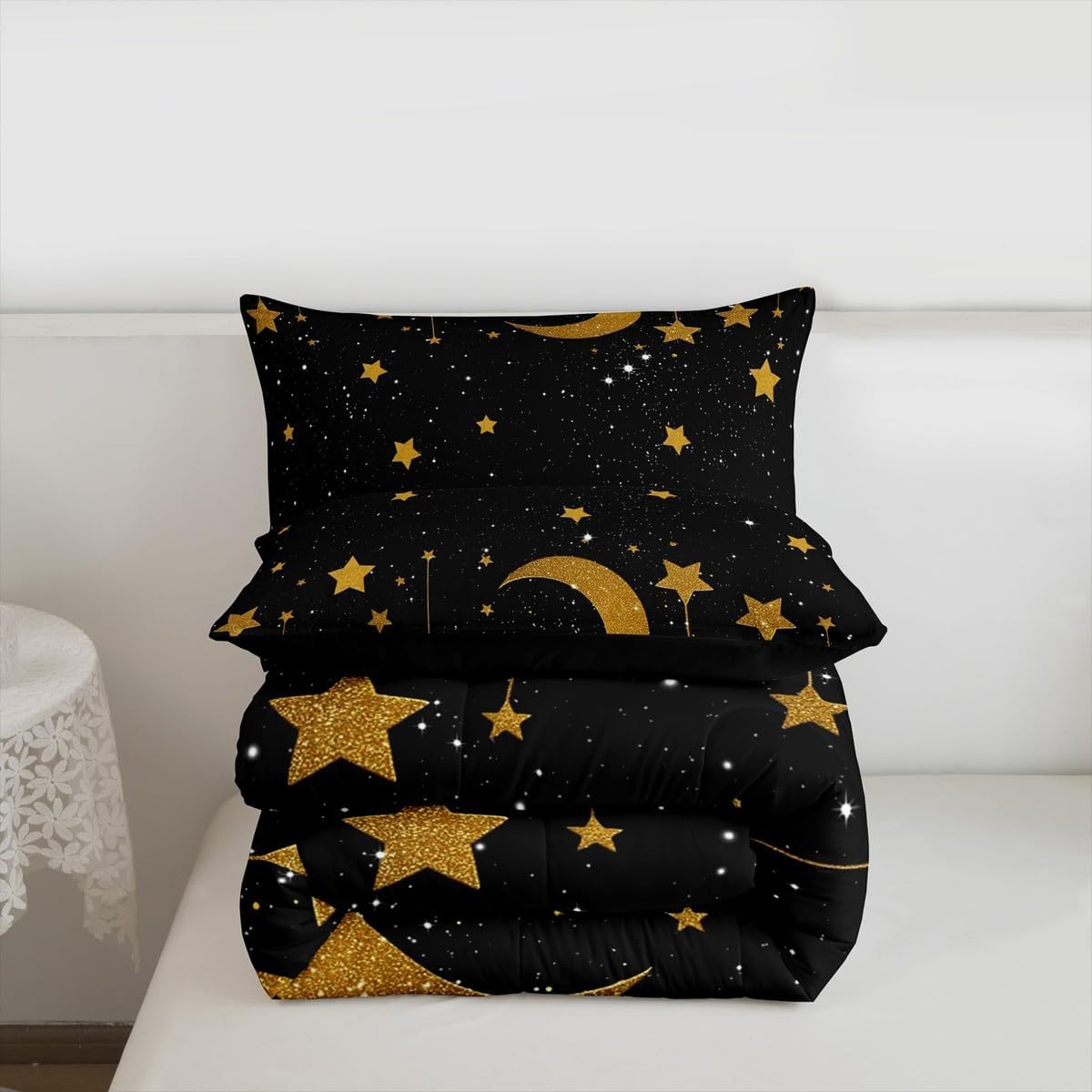 Homewish Gold Stars and Moon Comforter Set Queen Size,Starry Sky Bedding Set for Kids Boys Girls Bedroom Decoration,Gold and Black Bed Duvet Insert,Galaxy Comforter with 2 Pillowcase