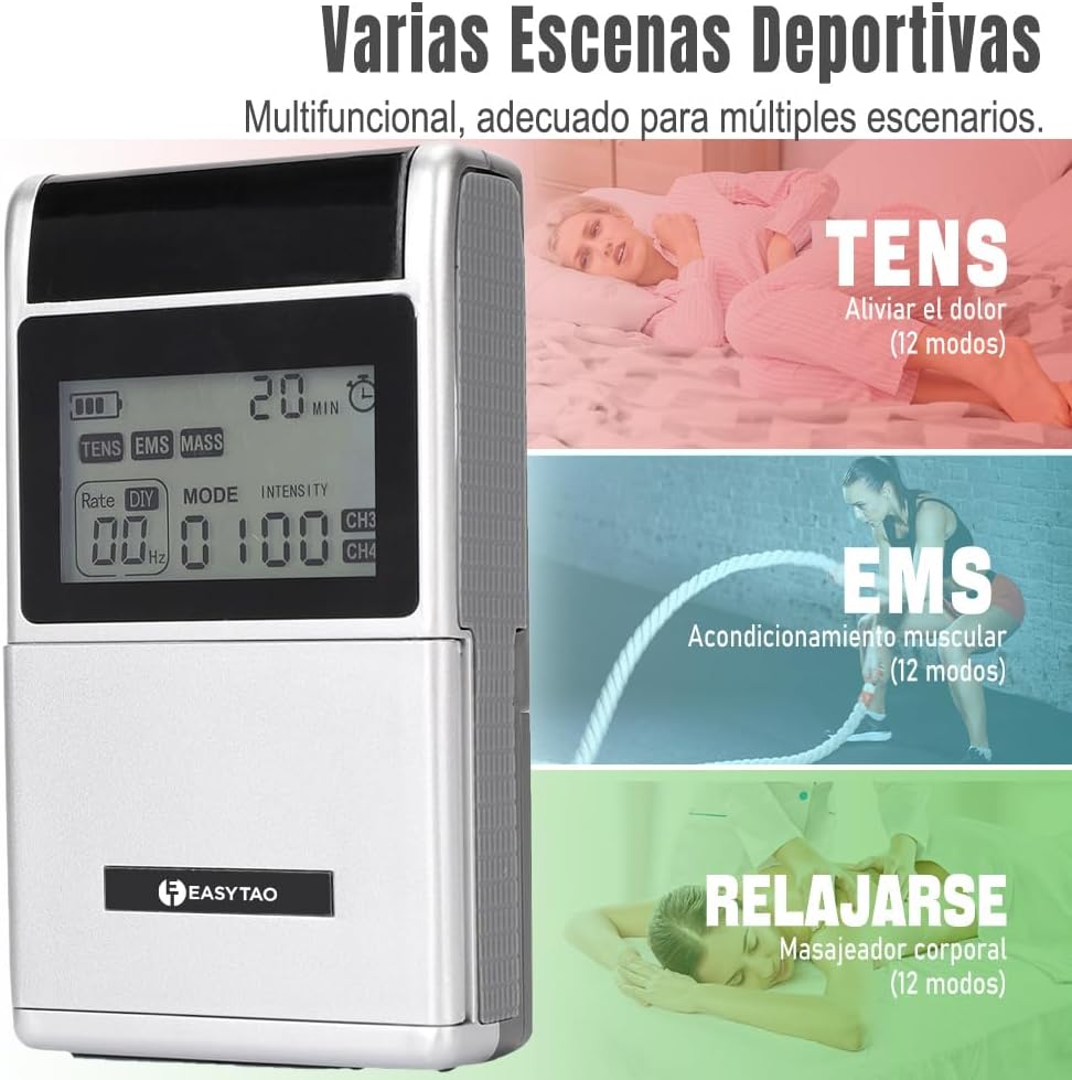E T EASYTAO TENS/EMS Muscle Stimulator showing TENS for pain relief, EMS for muscle conditioning, and Relax for body massage.