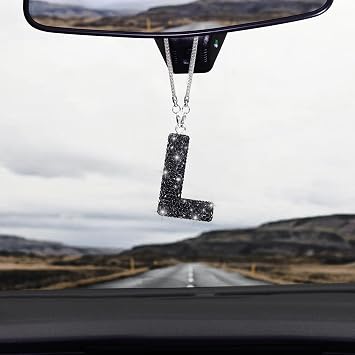ToBeQueen Bling Car Rear View Mirror Accessories, Diamond Crystal Rhinestone Rearview Mirror Charm, Cute Lucky Hanging Pendant Car Ornament for Women Black,L