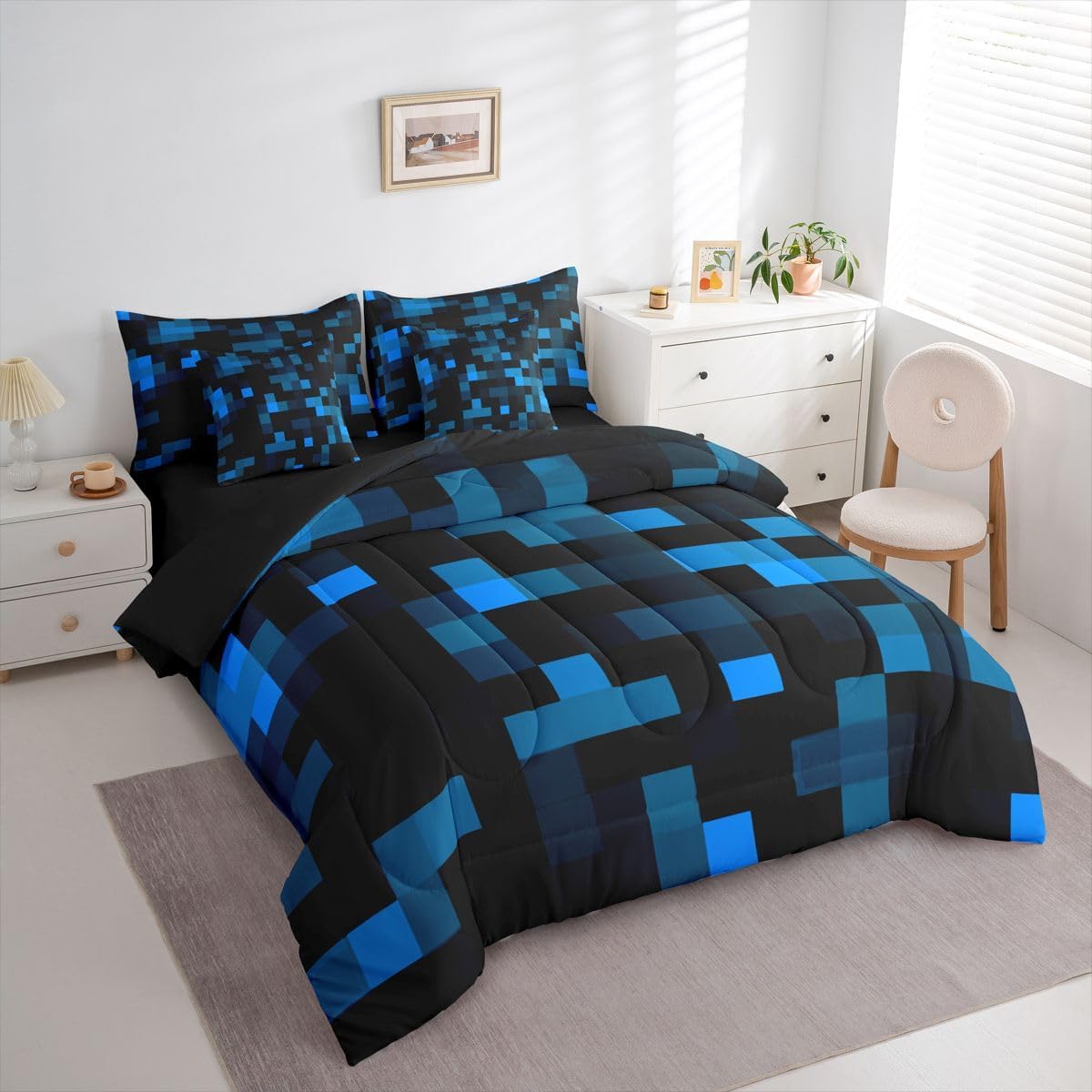 jejeloiu Pixelated Neon Blue Black Twin Size Comforter Set with Sheets，Pillowcases & Cushion Cover 7 Piece Bedding Set Super Soft Kids Girls Boys Bedroom Decor Gamepad Grid Bed in a Bag