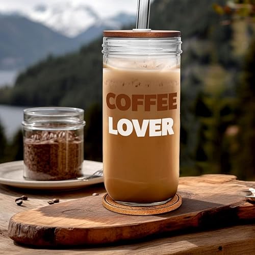 Miniatura 5 de ANOTION Taza de café helado, tarro Mason con tapa y pajilla, vaso de boca ancha de 24 onzas, vasos reutilizables para beber batidos y agua, botellas