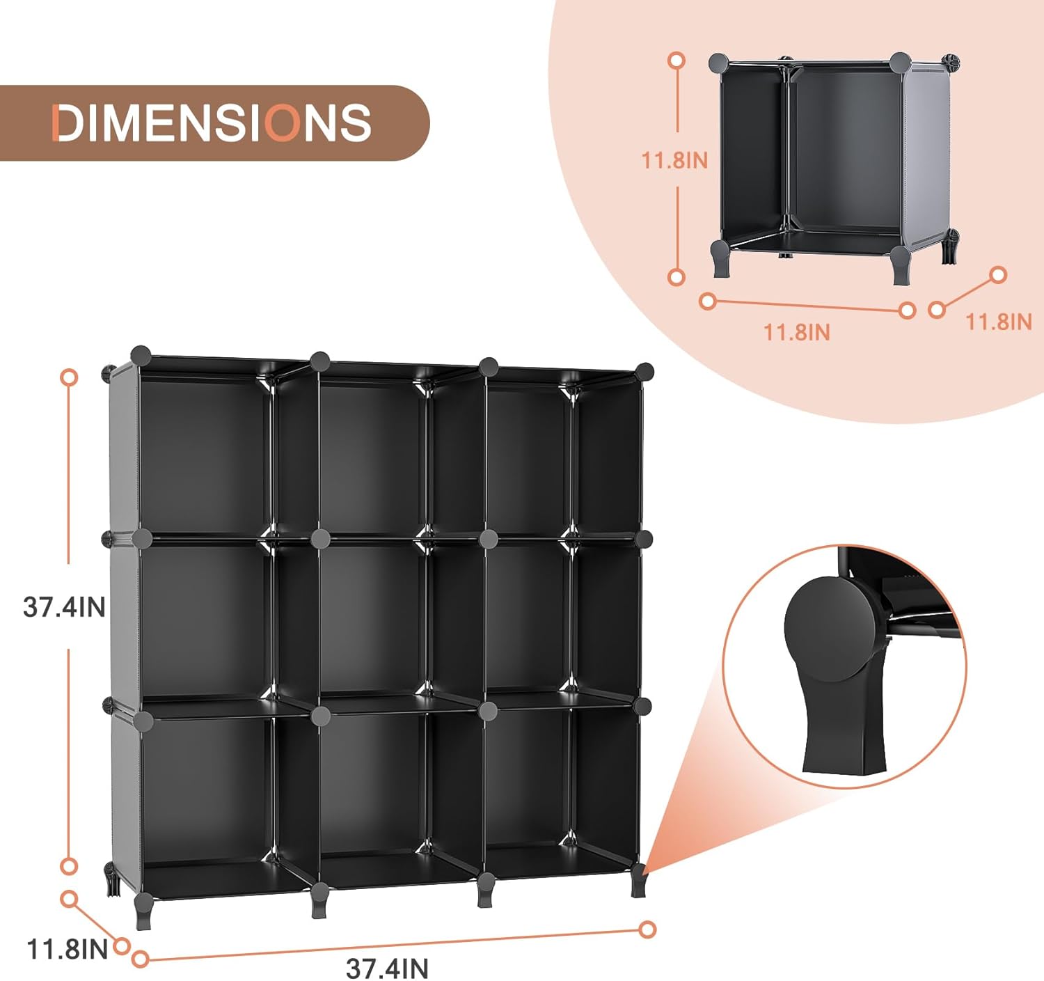 Diagram showing the dimensions of the Neprock 9-Cube Closet Organizer: 37.4 inches wide, 47.2 inches high, and 11.8 inches deep. A smaller diagram shows a single cube with 11.8 inch sides.