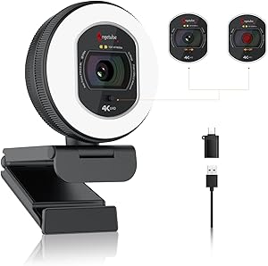 Angetube 4K Webcam with PC Light: UHD 4K, TOF Auto Focus, Dual AI Microphone with Noise Cancellation, 1080p@60FPS, USB Str…