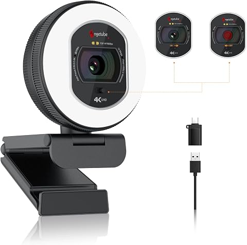 Angetube Webcam 4K con luz para PC, USB Streaming Cámara con 2 Micrófonos