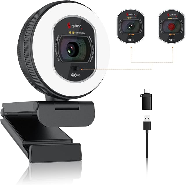 Angetube Webcam 4K con luz para PC, USB Streaming Cámara con 2 Micrófonos