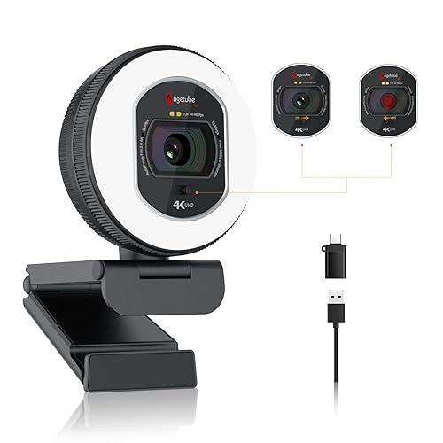 Angetube Webcam 4K con luz - Cámara de streaming para PC con micrófono de cancelación de ruido dual AI, enfoque automático y protección visual incorporada, USB 1080P 60FPS Webcam para portátil y Mac - 866MAX