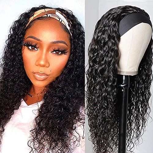 Funky girl Curly Headband Wigs for Black Women Human Hair Water Wave Headband Wig Glueless None Lace Front Half Wig with Headband Attached 22 Inch