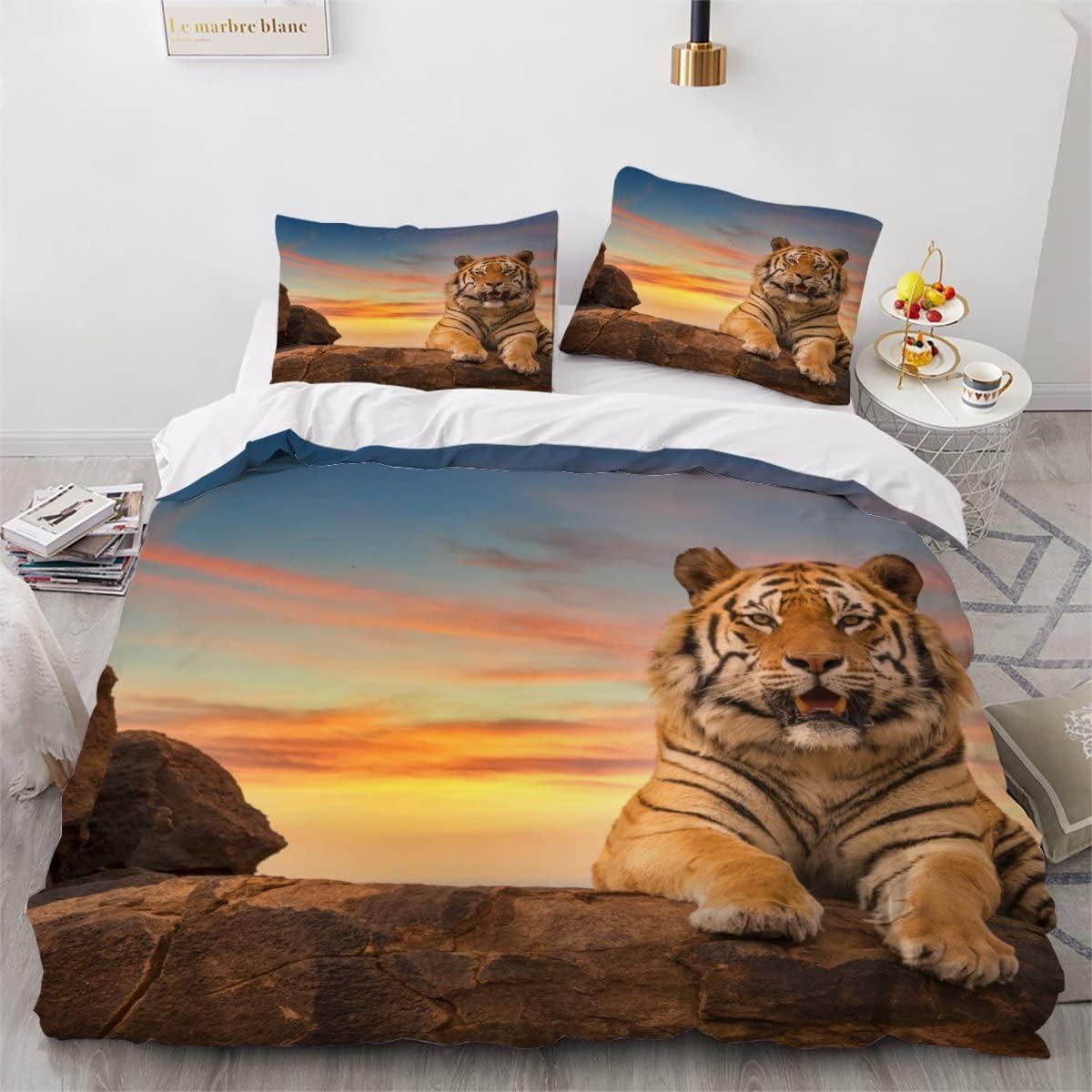 MEVASA King Bedding Set Tiger 3d Printed Girls Boys Adults Soft Microfiber Fluffy Breathable Kingsize Duvet Cover Set Sunset Bedding King Size with 2 Pillow Cases /230x220