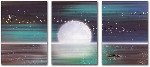 Abstracto vasto extensión mar luna cielo estrellado barco pequeño hermoso lienzo pared arte sala de estar decoración carteles 20x30cmx3 sin marco