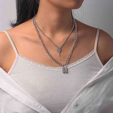 Brinote Punk Lock Chain Necklace Silver 