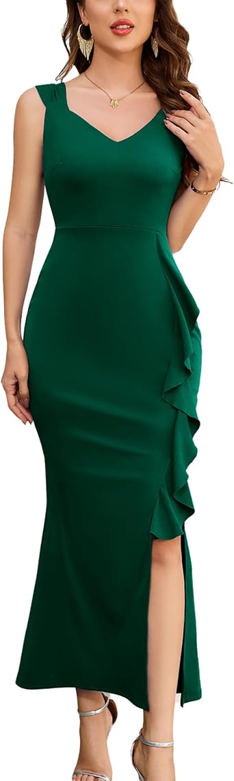 Dressystar Formal Dresses for Women Wedding Guest V Neck Bodycon Mermaid Maxi Dress Sleeveless Split Evening Cocktail Gown