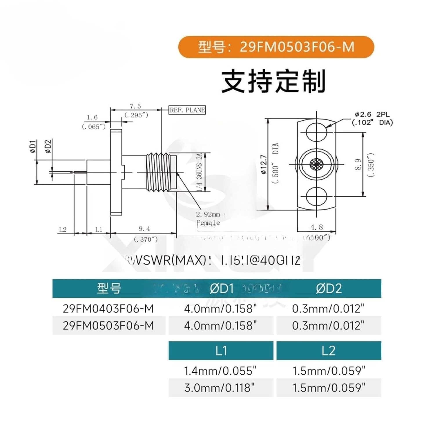 Coaxial Connector 2.92-KF Female Metal Through wall 40GHz Cavity PCB Flange Fixed(29FM0403F06-M)