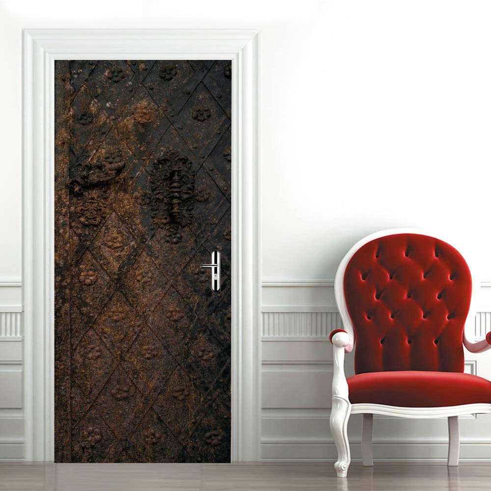 Sticker de porte trompe l'oeil 3D effet matière fer usée vintage 63x205 cm