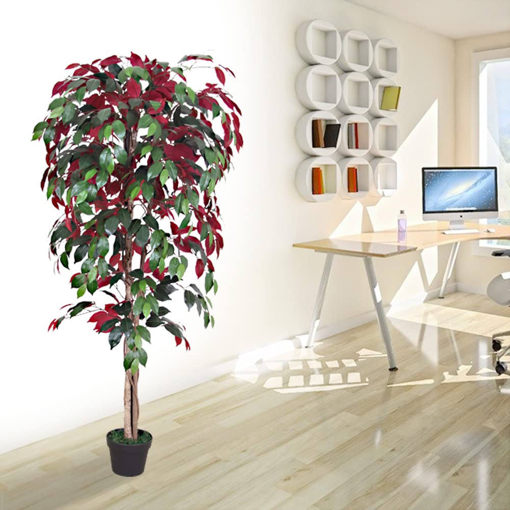 Decovego Sztuczny Ficus Benjamin, sztuczna roślina, sztuczne drzewo 150 cm, z pniem z prawdziwego drewna, do pomieszczeń mieszkalnych i biurowych, łatwe w pielęgnacji i wiecznie zielone