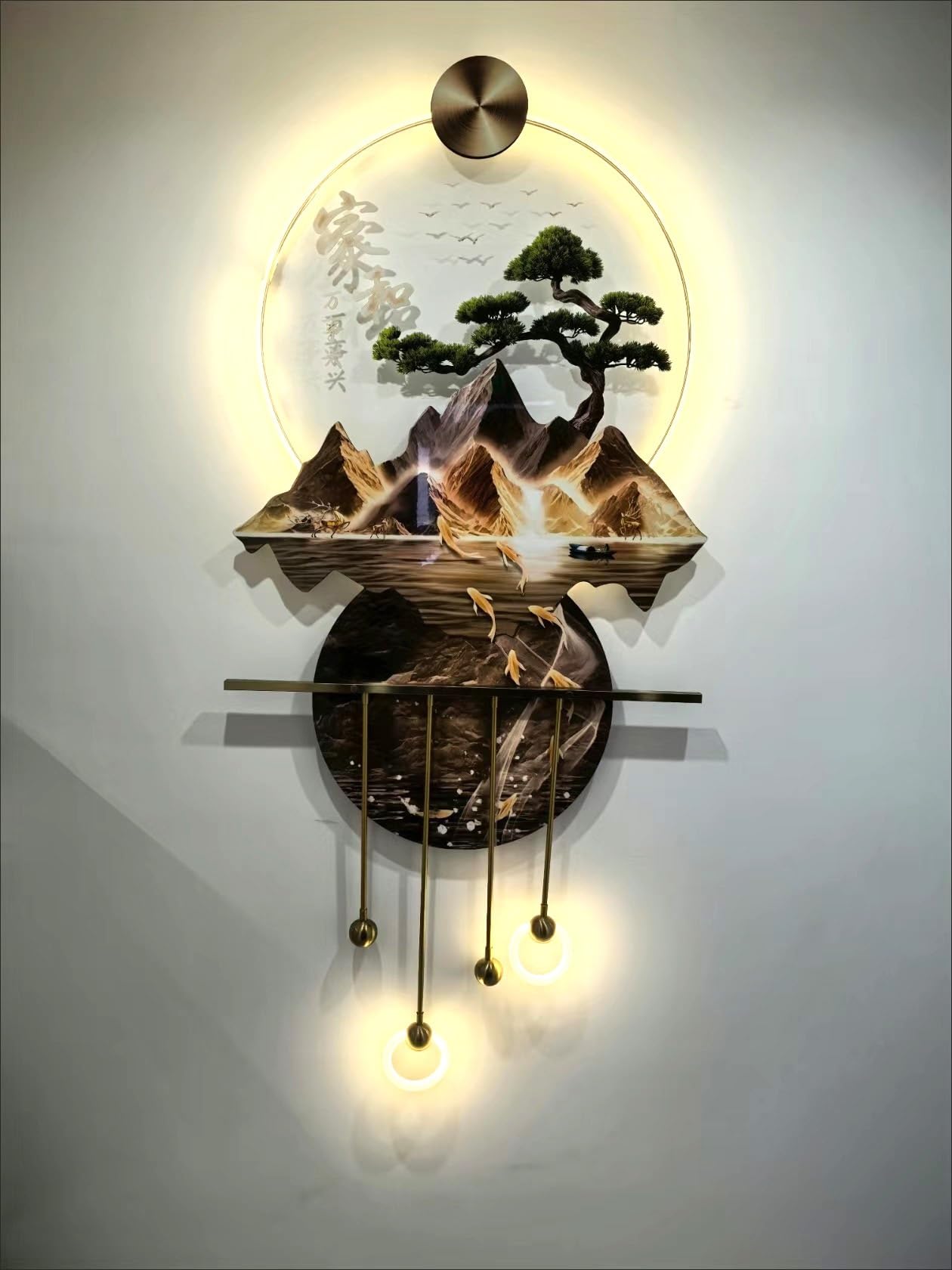 Wandlichtskulpturen 3D-Wandkunstdekor, 3D-Wandskulpturen, Feng Shui-Wandkunst mit LED-Licht, hängende Gemälde, dekorative Wandlampe, orientalische Dekoration