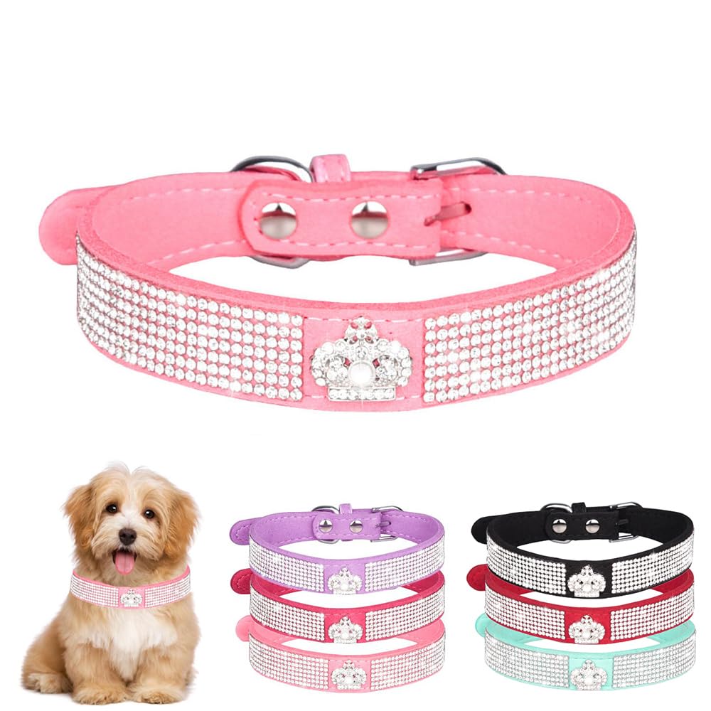 Pink XXS Dog Collar with Rhinestone, Pretty Glitter Crown Crystal Jewel Bling Kitten Collar Sparkly Diamond Girls Puppy Collars for XXS Xs Small